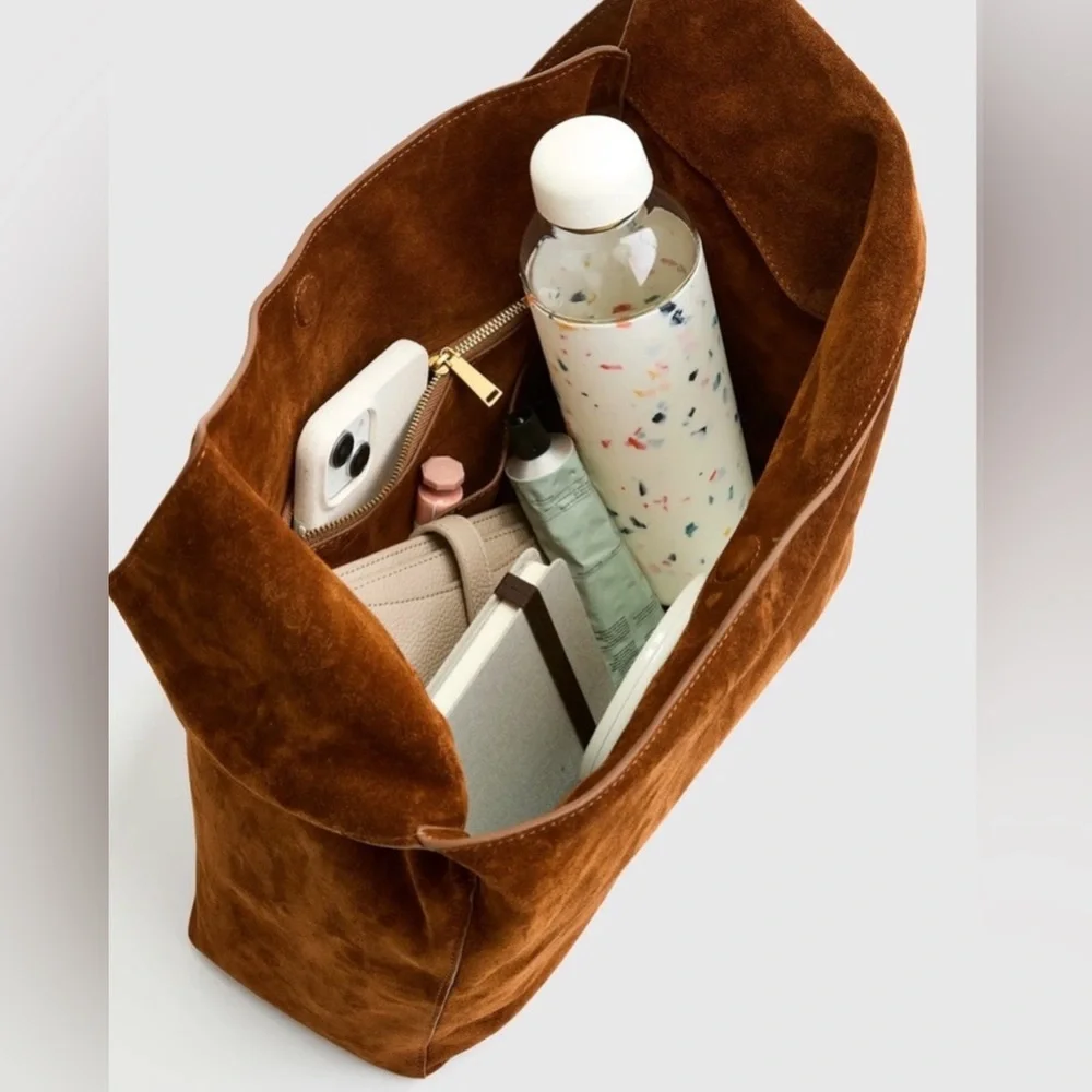 Quince Italian Suede Slouchy Shoulder Bag in Whiskey Brown With Dust Bag - Picture 3 of 5